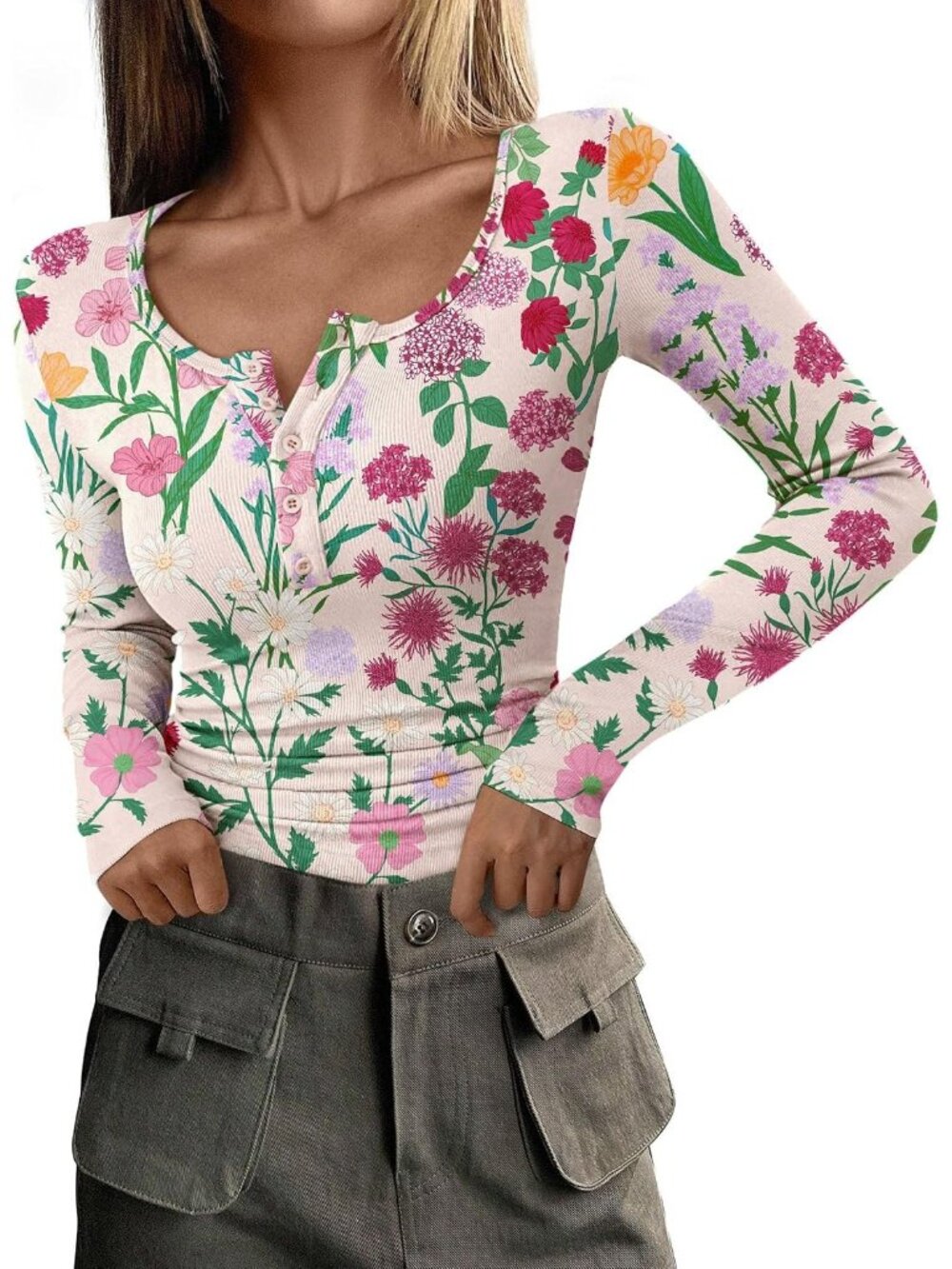 Womens Floral Multi Ribbed Knit Long Sleeve Henley Button Basic Tee Layering Top